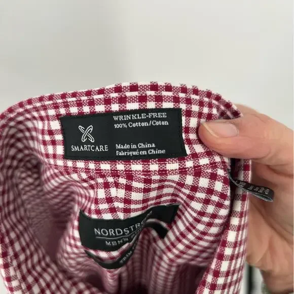 Nordstrom Red Check Button Down Shirt Trim Fit 100% Cotton Wrinkle Free Size 16" - Picture 6 of 7